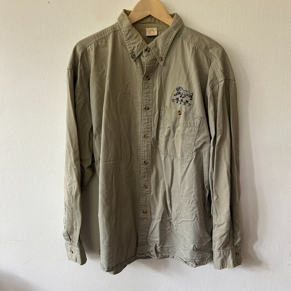 MGM Vintage 90s‎ Button Down Shirt Mens XL Sage Green Collared Embroidered Dad